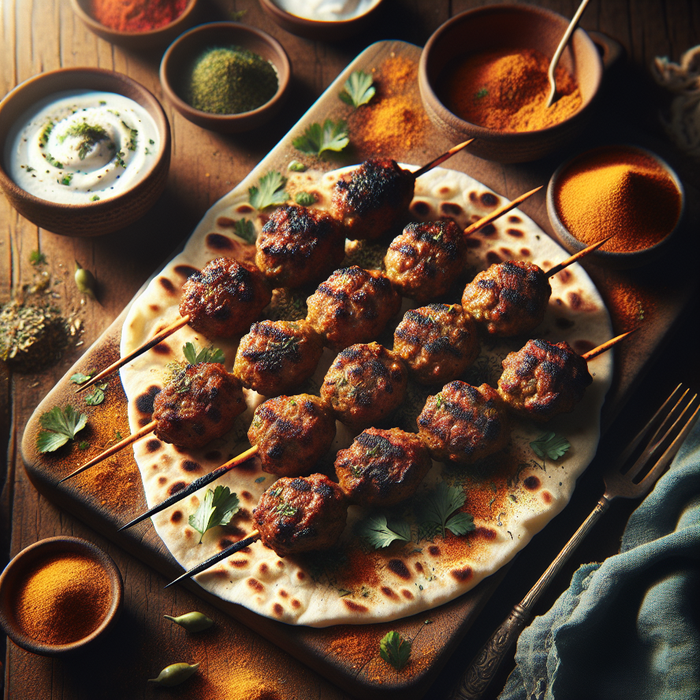 Grilled lamb koftas on skewers with baharat spice and flatbread