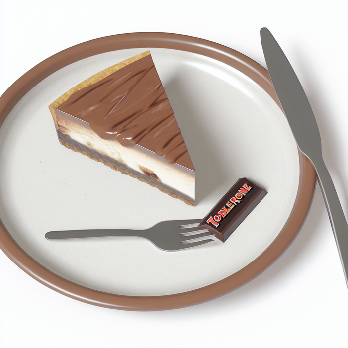 Slice of Toblerone chocolate cheesecake with visible layers and chocolate drizzle on a ceramic plate