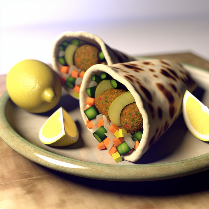 Falafel wrap filled with pickled vegetables and lemon wedges on a ceramic plate