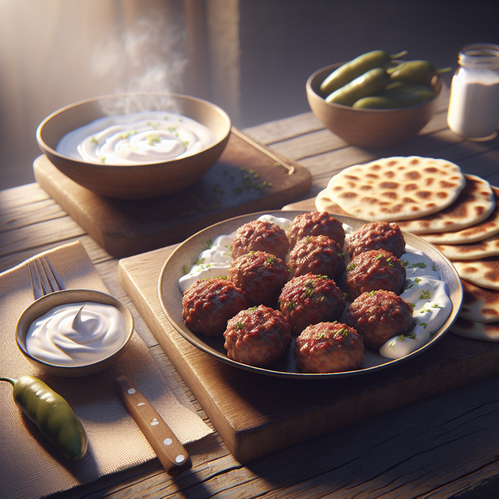 Grilled halal minced meat koftas served with yoghurt sauce and flatbread on a rustic plate