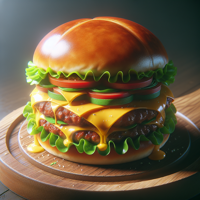 Classic cheeseburger in a shiny brioche bun with lettuce and tomato on a wooden board