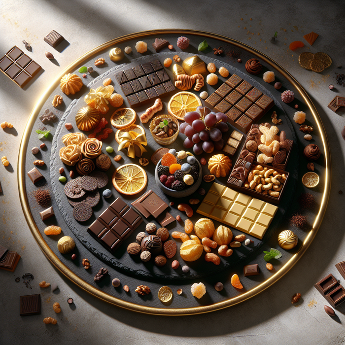 Gourmet dessert platter with sliced Dubai chocolate bars, nuts, and dried fruits