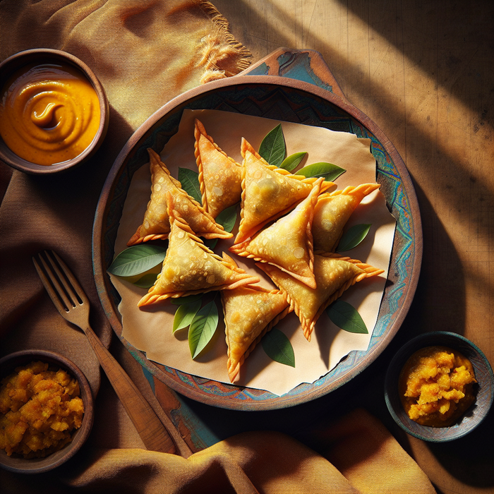 Golden sambosas made with spiced potato filling and crispy sambosa leaves, served with dipping sauce