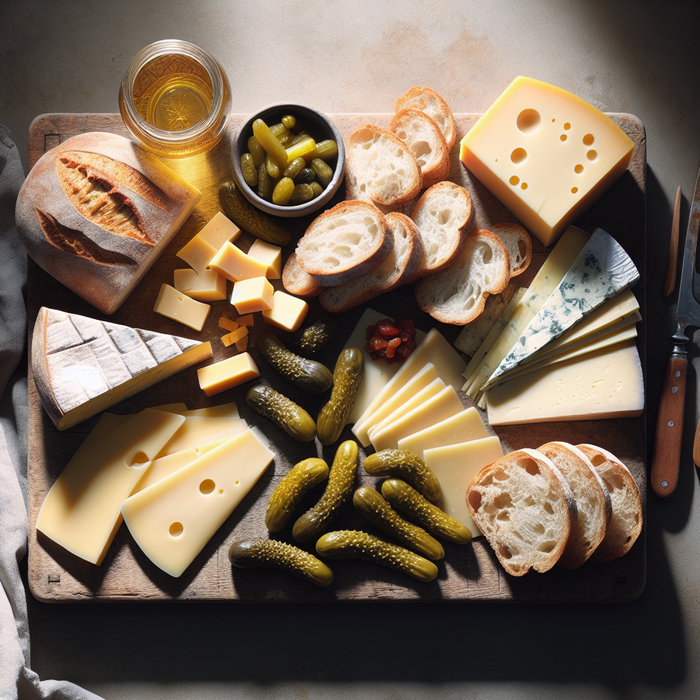 Traditional British ploughman’s lunch with cheese, bread, and pickles on a rustic wooden board