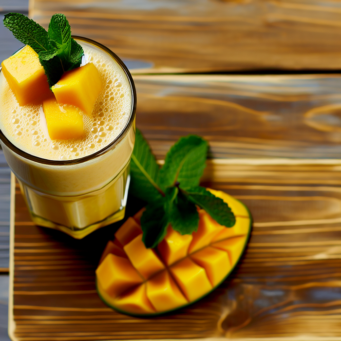 Glass of Egyptian mango smoothie with mango slices and mint leaves on a wooden surface