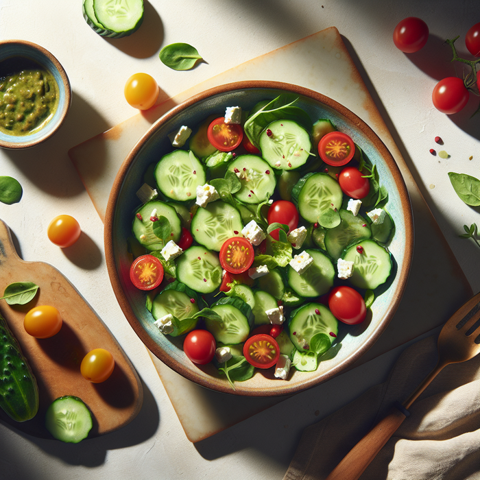 Fresh baby cucumber salad with feta, cherry tomatoes, and herbs in a ceramic bowl