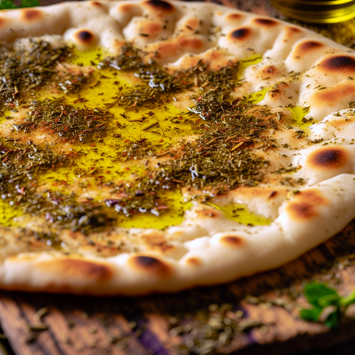 Golden flatbread topped with zaatar and olive oil on a rustic wooden board