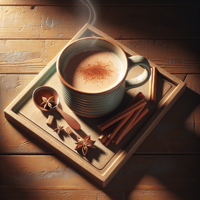 Steaming spiced chai latte in a mug with cinnamon and star anise on wooden table