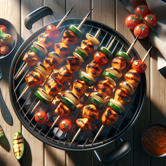 BBQ chicken skewers cooking on a grill beside vegetables in a garden setting