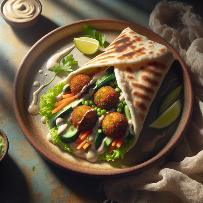 Lebanese bread wrap filled with falafel, tomato, lettuce, and tahini sauce