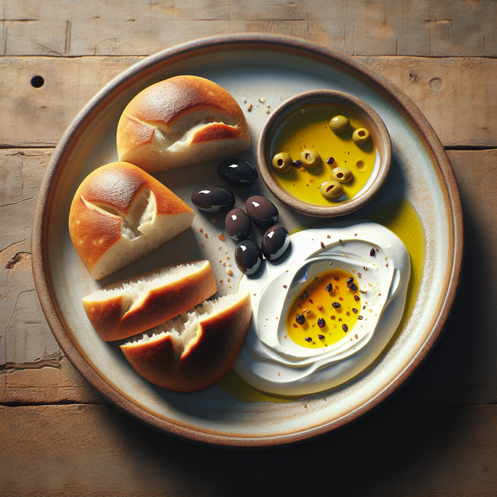 Kaak bread rings paired with labneh and black olives on a plate