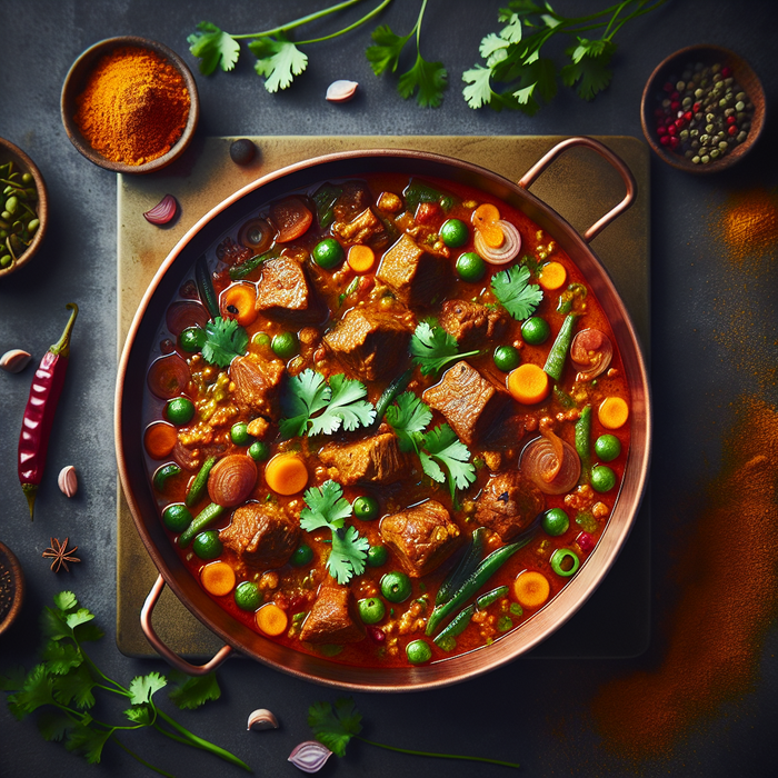 Rich lamb curry in copper pot with tender diced lamb, spices and fresh coriander
