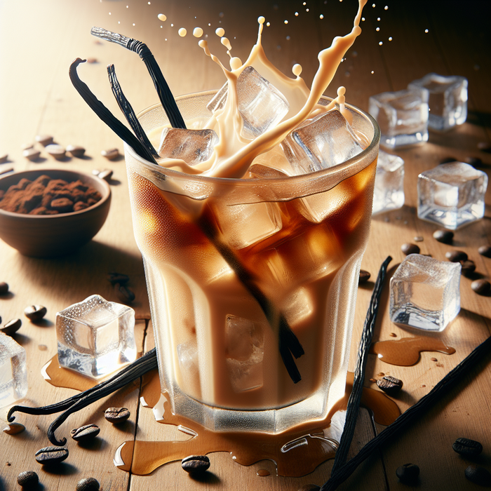 Glass of iced vanilla coffee with ice and vanilla pods beside scattered coffee beans