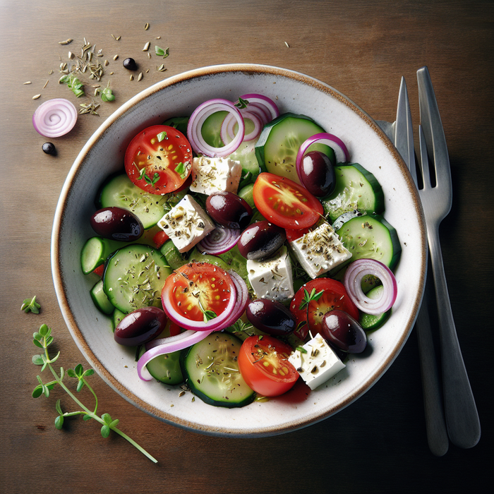 Greek salad with Kalamata olives, feta and fresh vegetables in a ceramic bowl