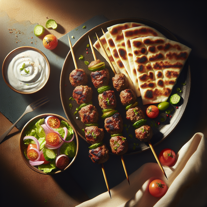 Halal lamb kofta skewers grilled and served with flatbread, yoghurt dip and salad