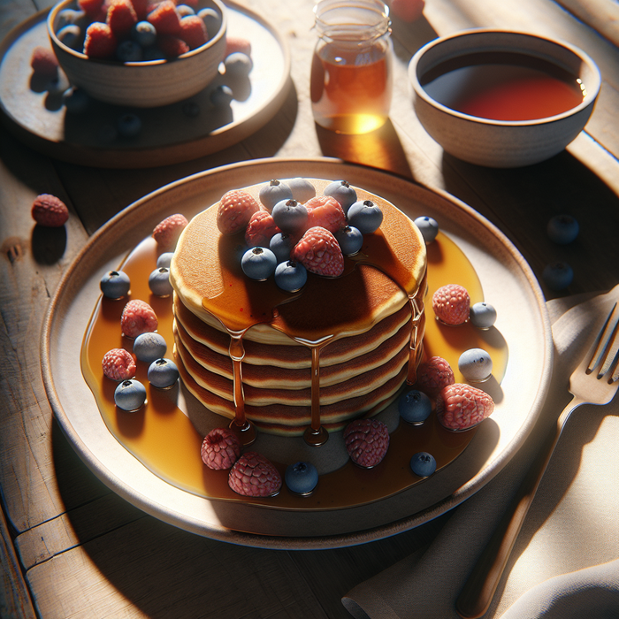Golden pancakes made with oat milk topped with berries and syrup on a breakfast plate