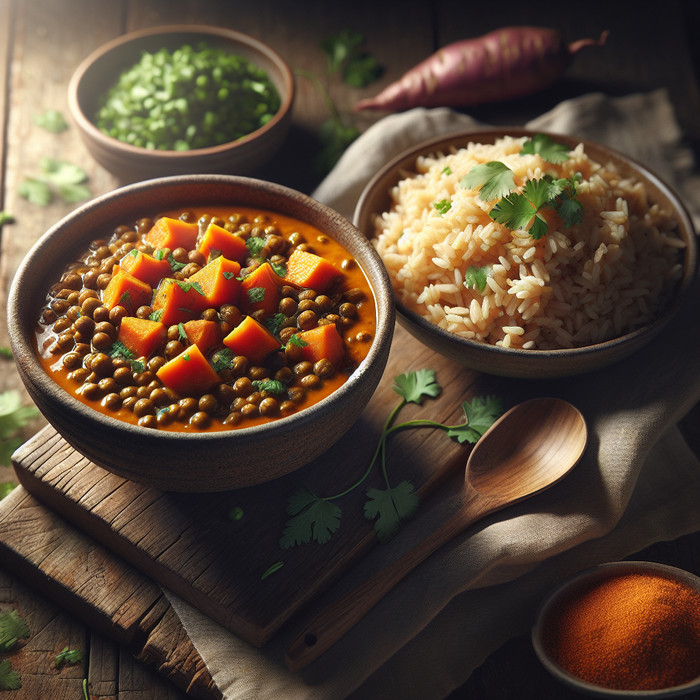 A hearty bowl of lentil and sweet potato curry with rice and fresh herbs
