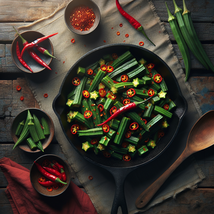 Spicy stir-fry with sliced okra and red chillies in a rustic pan