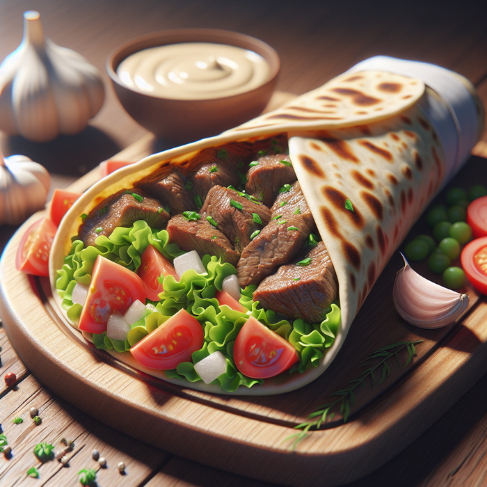 Beef shawarma wrap served with garlic sauce, crisp lettuce, and sliced tomato inside a warm flatbread