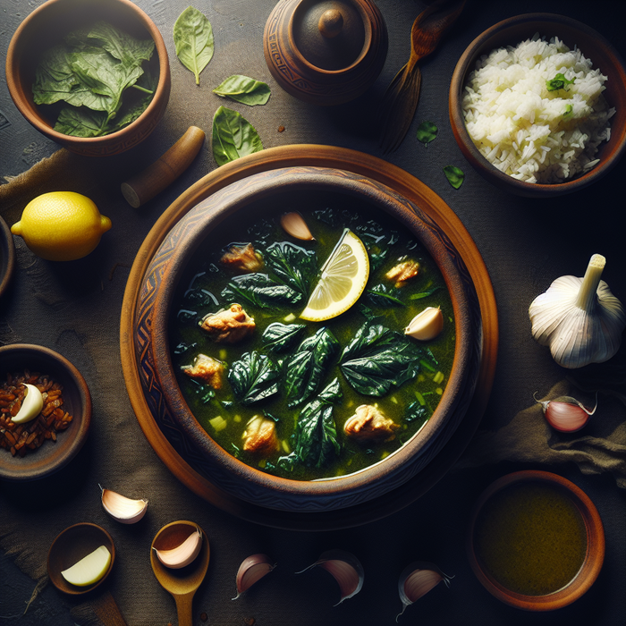 Bowl of Egyptian molokhia soup with garlic, lemon, and side of rice and chicken