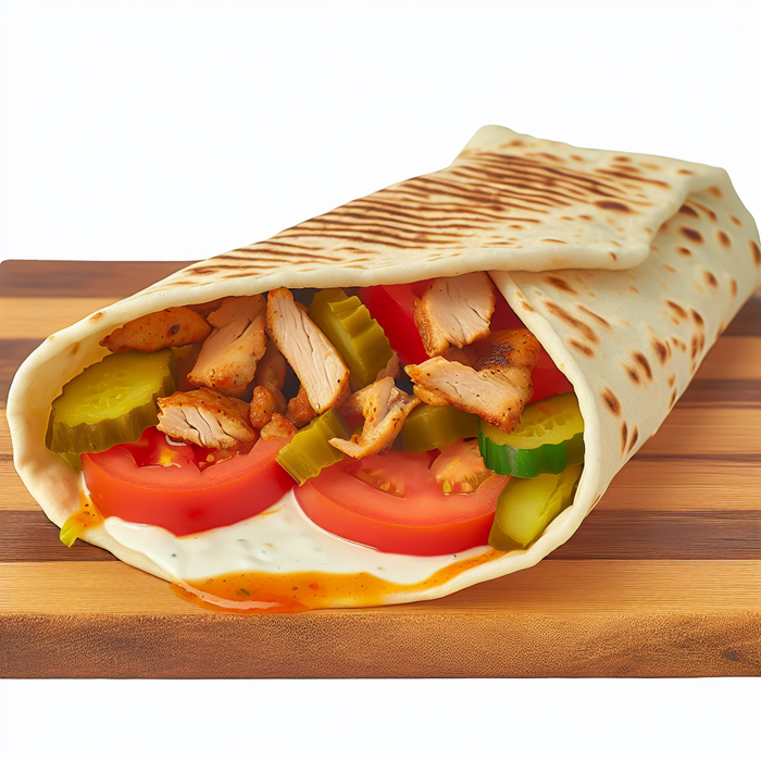 Chicken shawarma wrap filled with grilled meat, fresh vegetables and garlic sauce