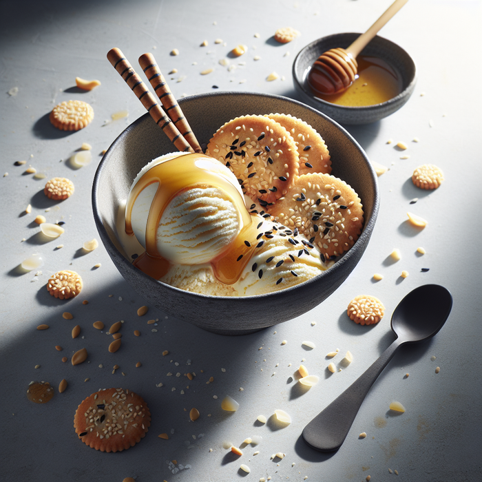 Vanilla ice cream topped with crumbled sesame cookies and golden honey drizzle