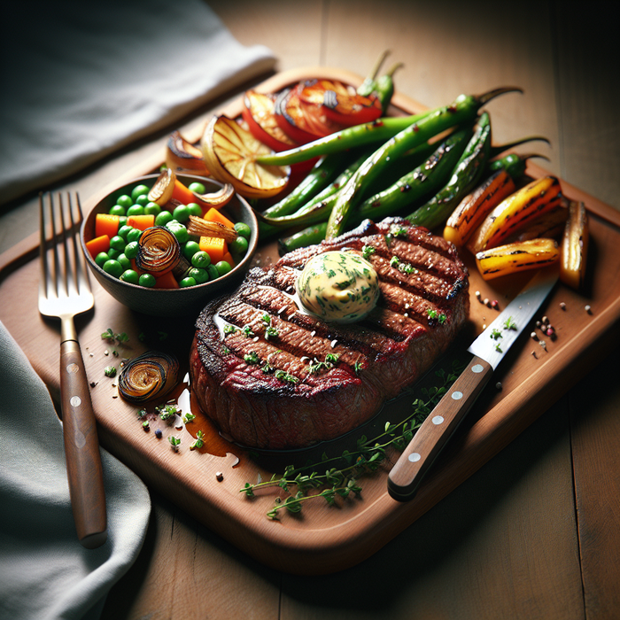 Grilled halal sirloin steak topped with herb butter and served with roasted vegetables