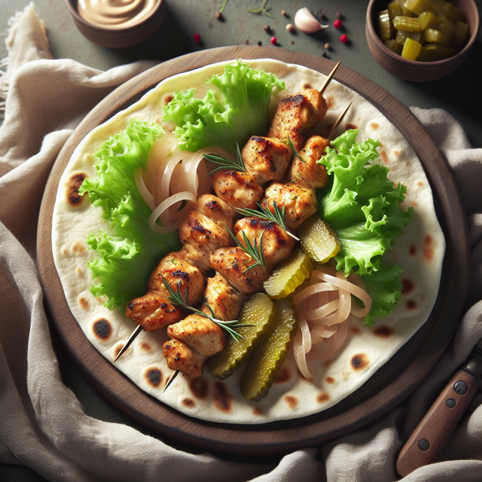 Chicken shish taouk in flatbread wraps with pickles, greens and garlic sauce on a wooden board