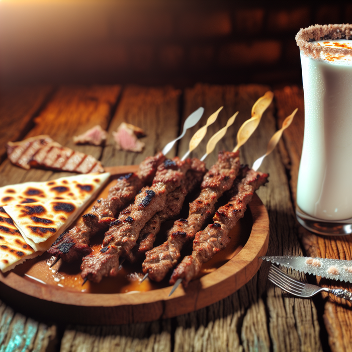 Grilled lamb kebabs served with Turkish Ayran and flatbread on a rustic wooden platter