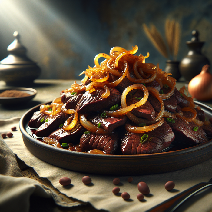 Cooked halal beef liver with caramelised onions on a rustic ceramic plate