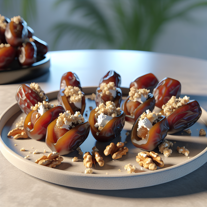 Plated Medjoul dates stuffed with goat cheese and sprinkled with chopped walnuts