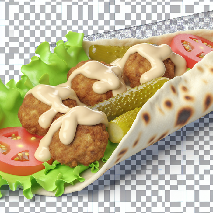 Falafel wrap with lettuce, tomato, pickles and tahini sauce in flatbread