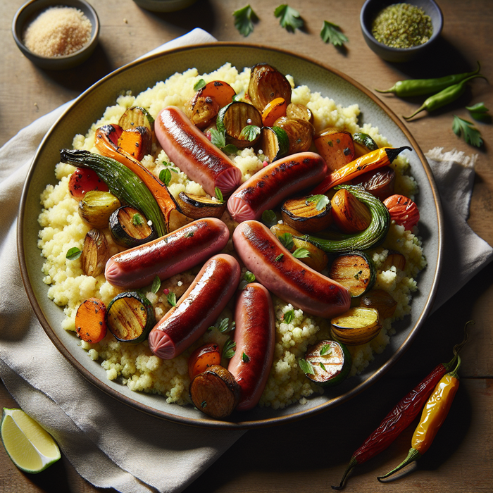 Merguez sausage with couscous and roasted Mediterranean vegetables