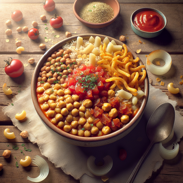 Bowl of Egyptian koshari layered with lentils, rice, pasta, crispy onions and tomato sauce