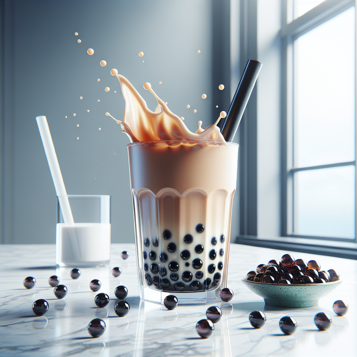 Classic milk bubble tea with black tapioca pearls in a clear cup with straw on a marble surface