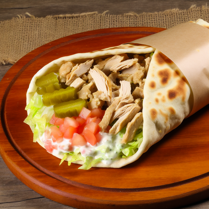 Chicken shawarma wrap with vegetables and garlic sauce served in pita bread