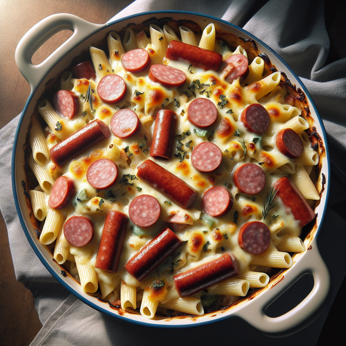 Baked pasta with sliced halal frankfurters, bubbling cheese, and fresh herbs in a ceramic dish