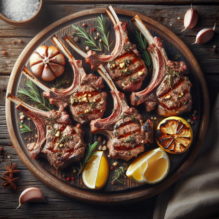 Grilled halal lamb chops with garlic and rosemary served with lemon wedges on rustic platter