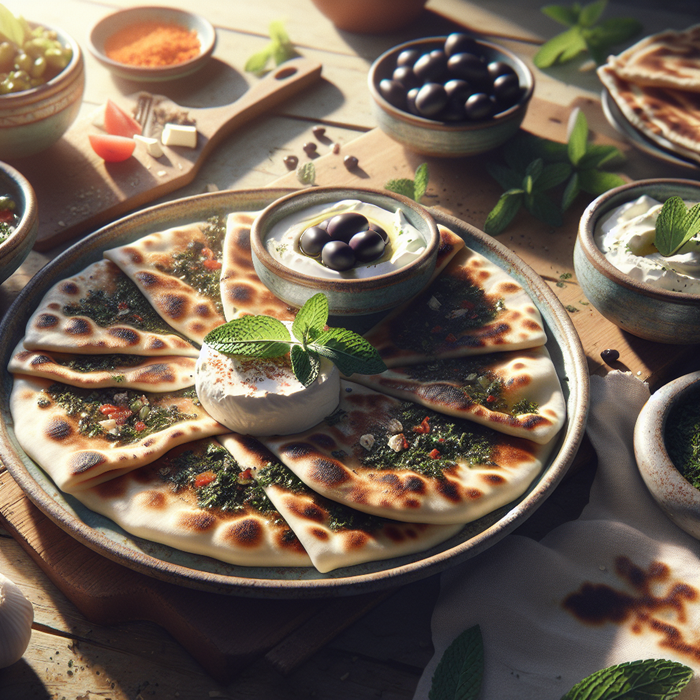 Manakish zaatar served with labneh, black olives, and mint on a ceramic plate