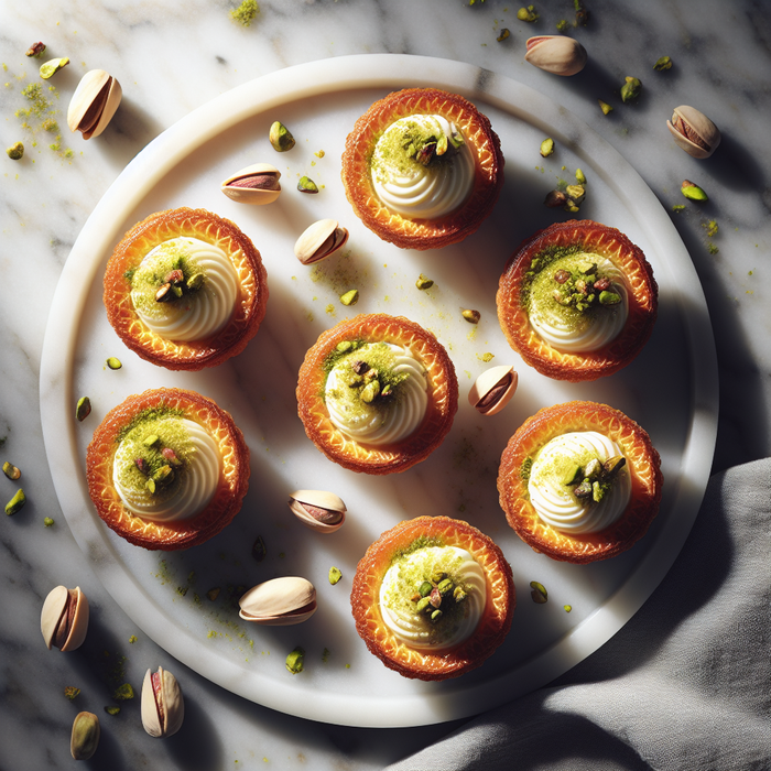 Mini kunafa pastry cups filled with cream and pistachios on marble plate