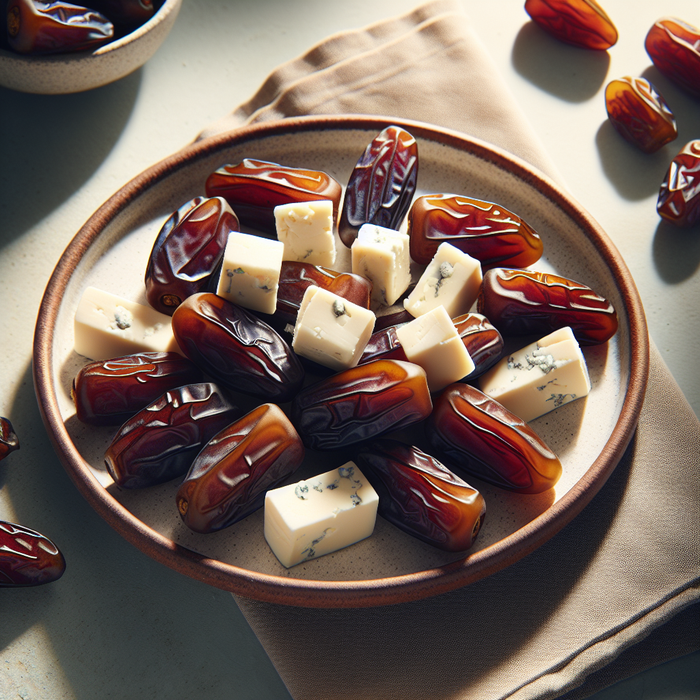 Plump Medjool dates stuffed with Kiri cheese on a ceramic plate