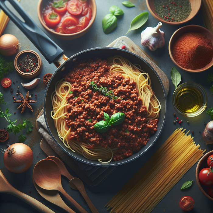 Rich halal mince Bolognese sauce in a pan served with spaghetti and fresh herbs