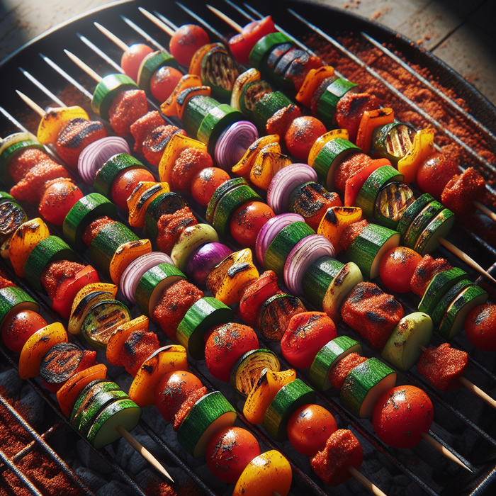 Charred vegetable skewers coated with spicy BBQ rub grilling over open flame for a smoky finish
