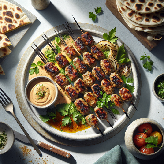 Grilled kofta skewers served with tahini dip and flatbread on a ceramic plate