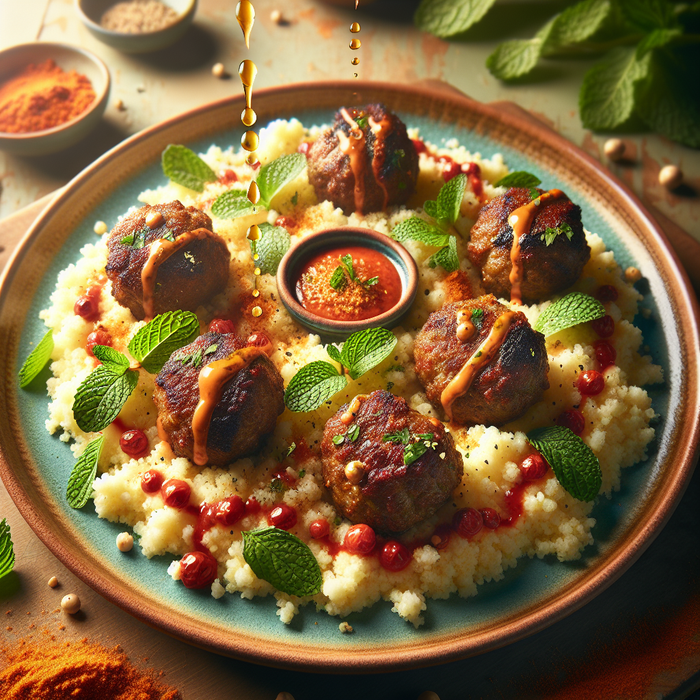 Lamb koftas on couscous with harissa and mint leaves on a rustic plate