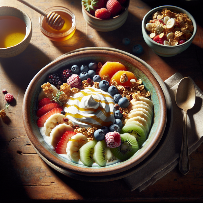 Breakfast bowl with creamy Labneh, granola, strawberries, blueberries, and honey drizzle