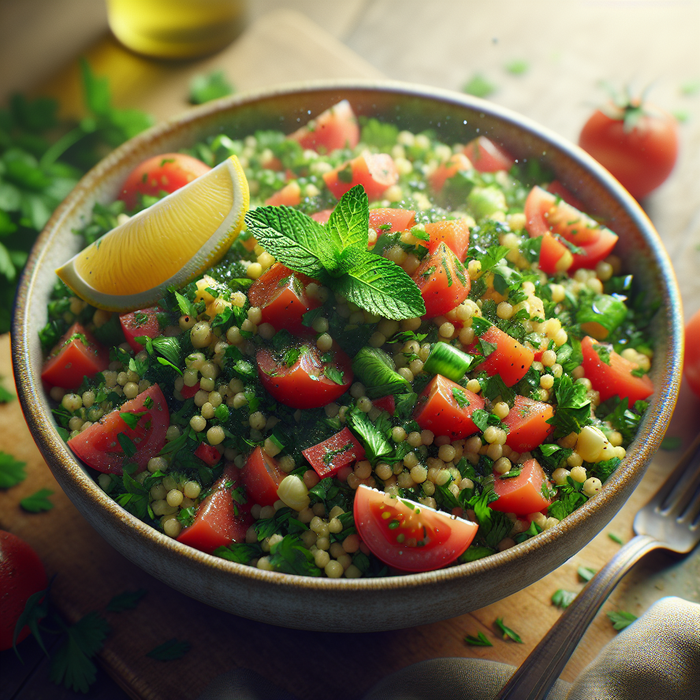 Fresh tabbouleh salad with parsley, bulgur, tomato, and lemon in a serving bowl