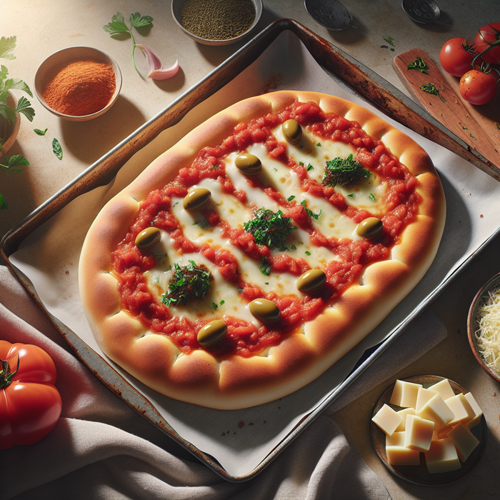 Lebanese bread used as pizza base with cheese, olives, and herbs