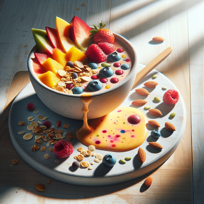 Smoothie bowl with almond milk topped with fruit, granola, and seeds