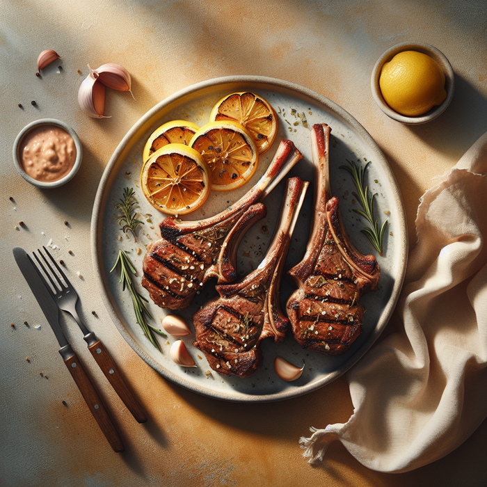 Juicy grilled halal lamb chops garnished with rosemary and lemon on a rustic serving plate
